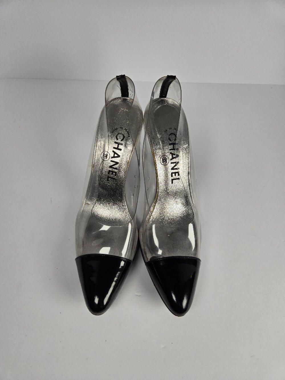 Authentic Vintage Chanel PVC Clear Cap Toe Pumps Black Patent Leather Silver 37
